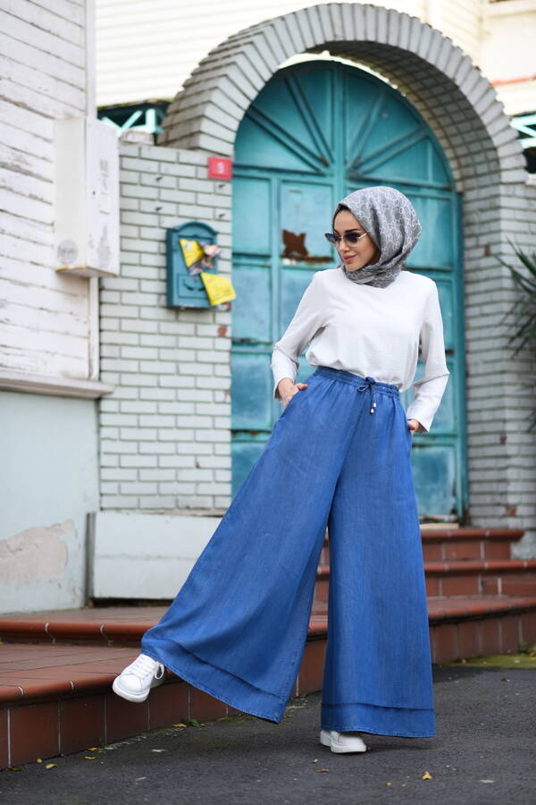1138-Denim Tensel Lastikli Bol Paça Pantolon Koyu Mavi