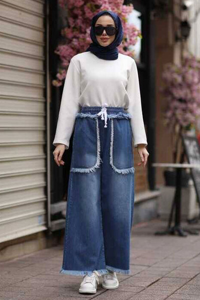 Neways - 1141-Denim Püsküllü Lastikli Pantolon Koyu Mavi