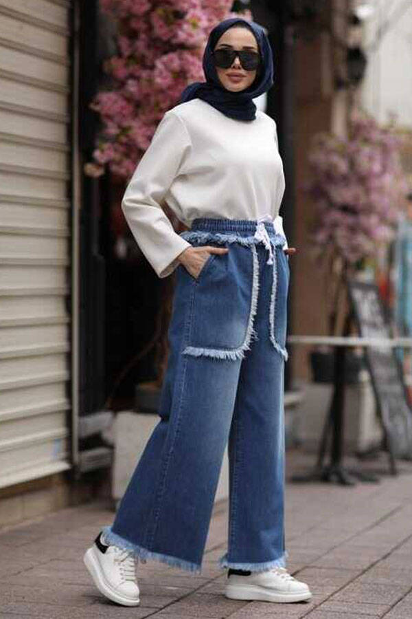 1141-Denim Püsküllü Lastikli Pantolon Koyu Mavi