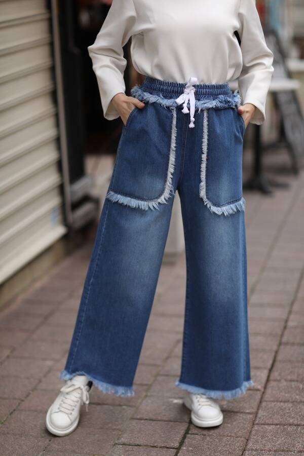 1141-Denim Püsküllü Lastikli Pantolon Koyu Mavi
