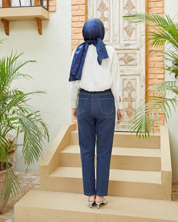 1146-Denim Yüksek Belli Dar Paça Pantolon Koyu Mavi
