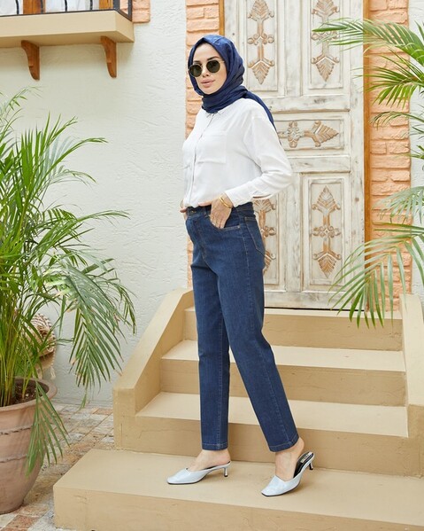 Neways - 1146-Denim Yüksek Belli Dar Paça Pantolon Koyu Mavi