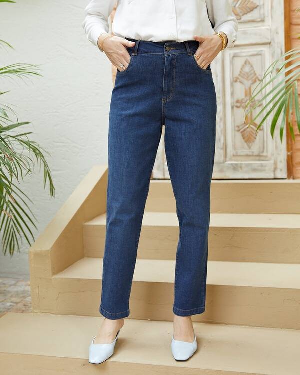1146-Denim Yüksek Belli Dar Paça Pantolon Koyu Mavi