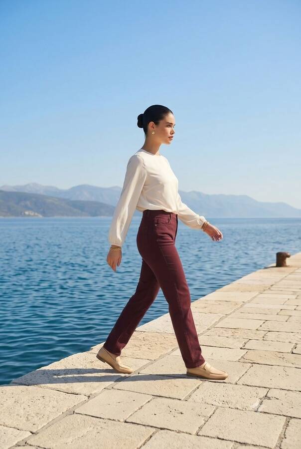 1146-Denim Yüksek Belli Dar Paça Pantolon Bordo