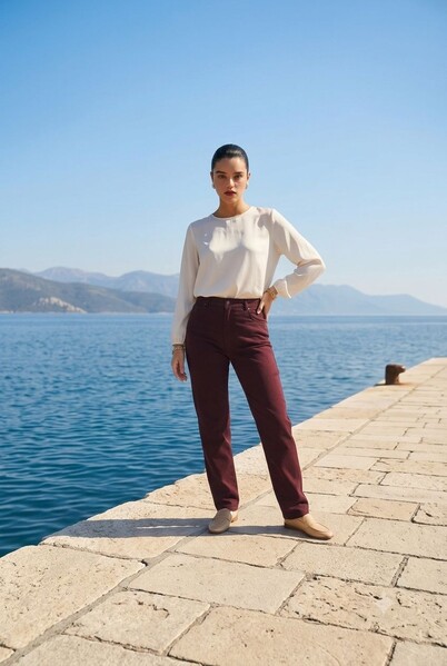 Neways - 1146-Denim Yüksek Belli Dar Paça Pantolon Bordo