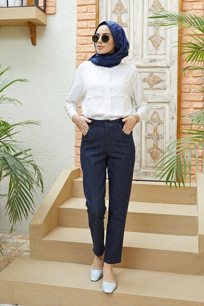 Neways - 1146-Denim Yüksek Belli Dar Paça Pantolon Füme