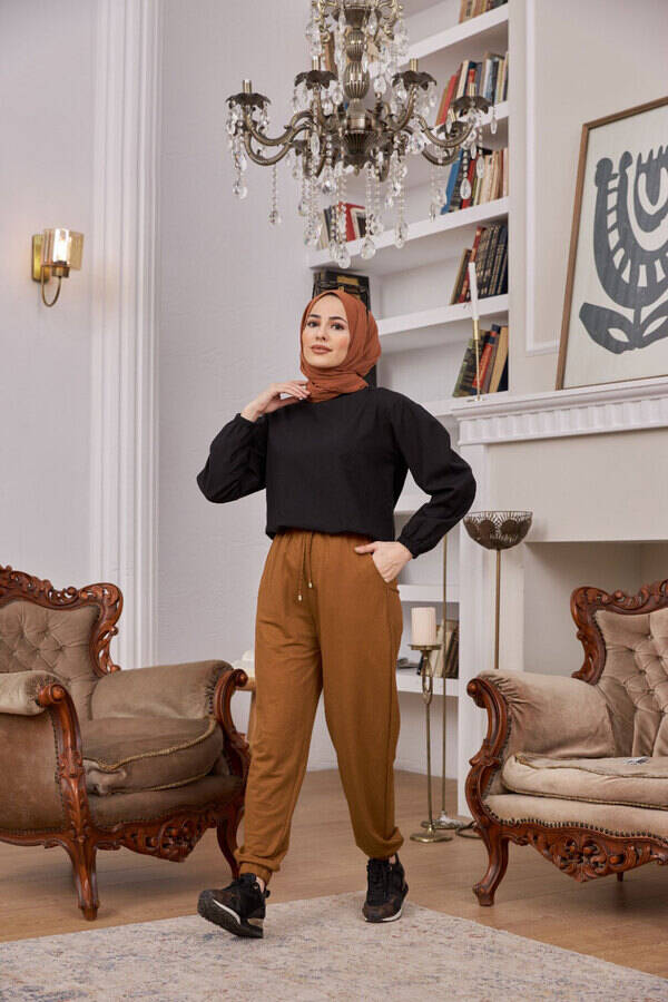 1151-Ancelina Lastikli Pantolon Tütün