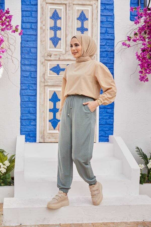 1151-Ancelina Lastikli Pantolon Mint Yeşili