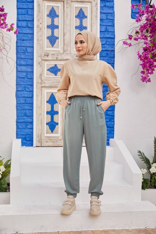 1151-Ancelina Lastikli Pantolon Mint Yeşili