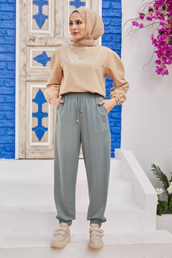 1151-Ancelina Lastikli Pantolon Mint Yeşili