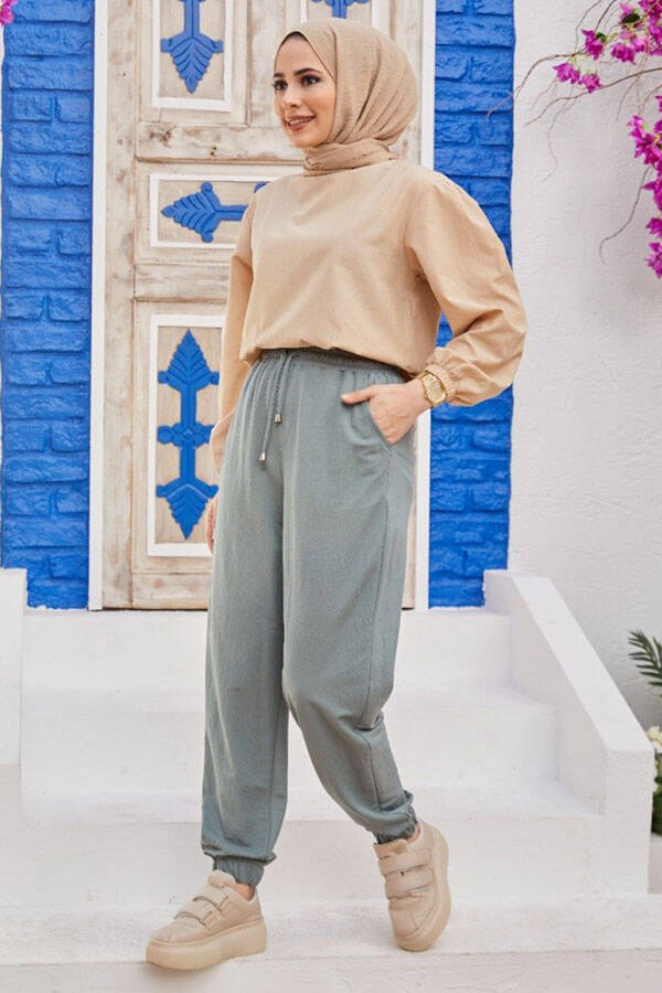 1151-Ancelina Lastikli Pantolon Mint Yeşili