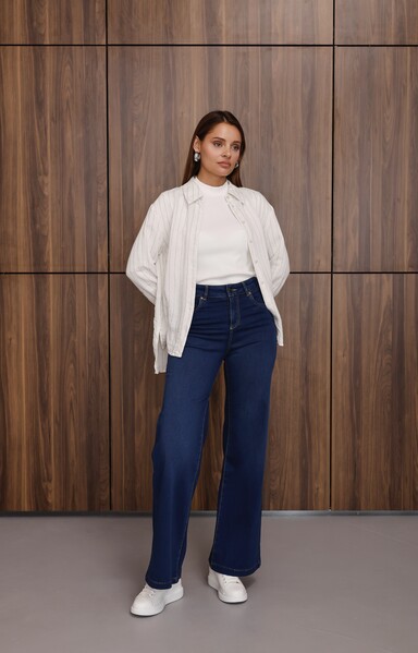 Neways - 1152- Denim Bol paça Pantolon Koyu Mavi