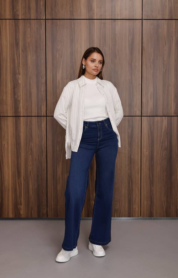 1152- Denim Bol paça Pantolon Koyu Mavi