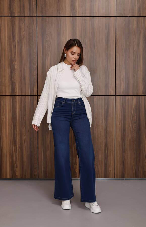 1152- Denim Bol paça Pantolon Koyu Mavi