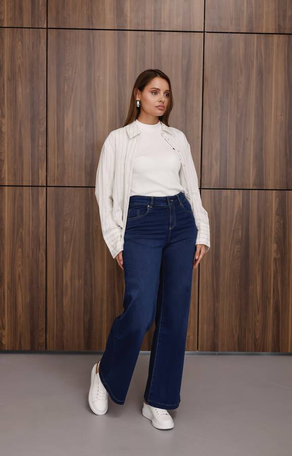 1152- Denim Bol paça Pantolon Koyu Mavi