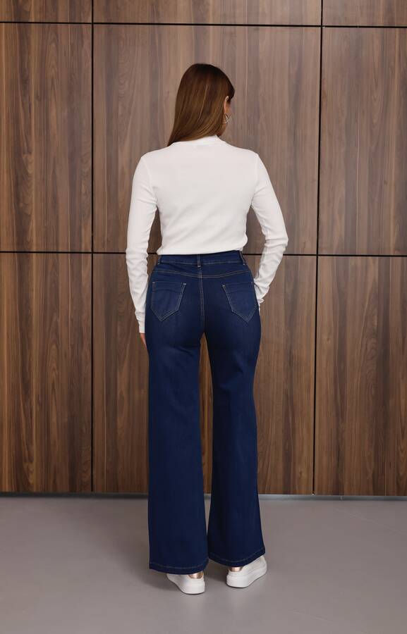 1152- Denim Bol paça Pantolon Koyu Mavi