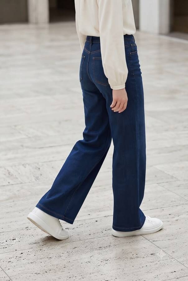 1152- Denim Bol paça Pantolon Koyu Mavi