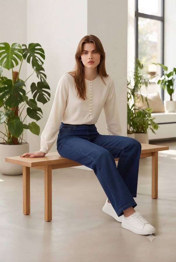 1152- Denim Bol paça Pantolon Koyu Mavi