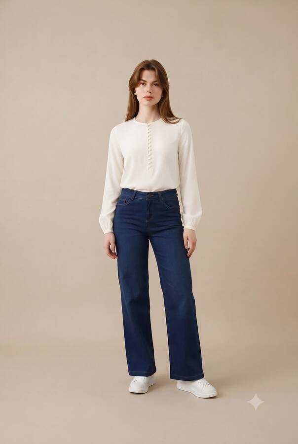 1152- Denim Bol paça Pantolon Koyu Mavi