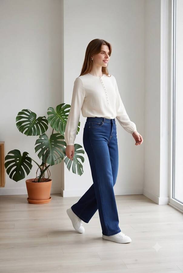 1152- Denim Bol paça Pantolon Koyu Mavi