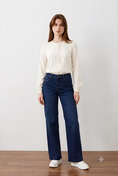 Neways - 1152- Denim Bol paça Pantolon Koyu Mavi