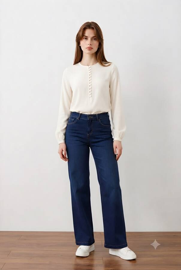 1152- Denim Bol paça Pantolon Koyu Mavi