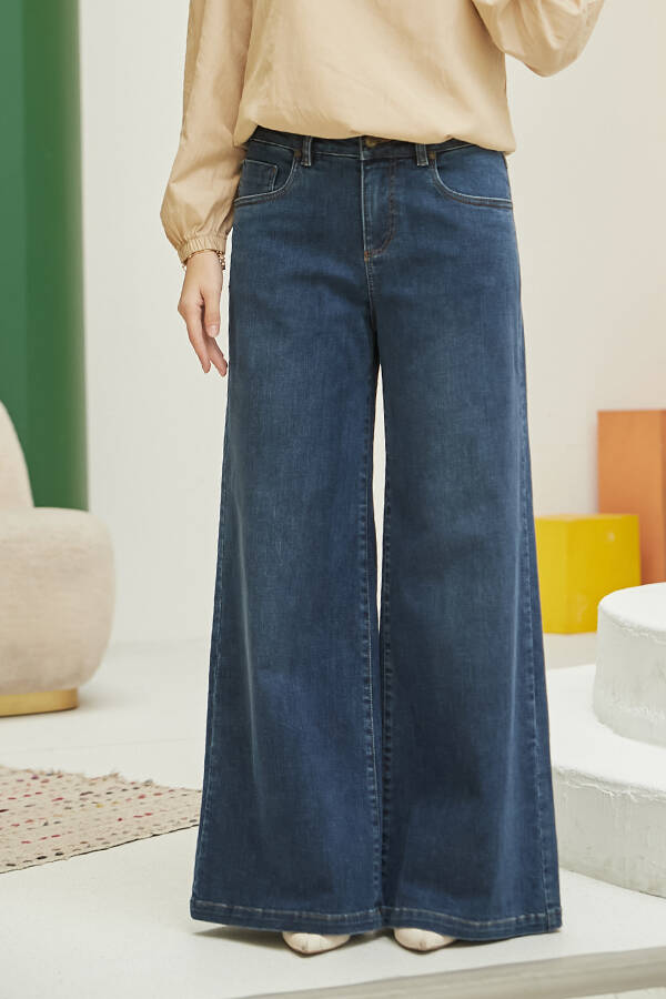 1152- Denim Bol paça Pantolon Koyu Mavi