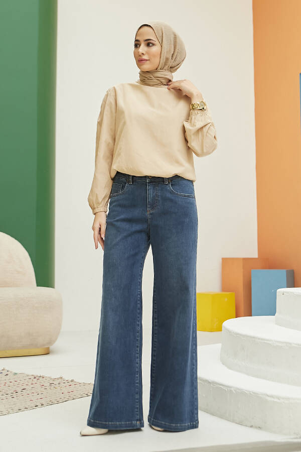 1152- Denim Bol paça Pantolon Koyu Mavi