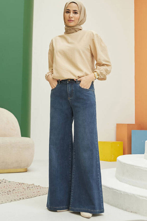 1152- Denim Bol paça Pantolon Koyu Mavi