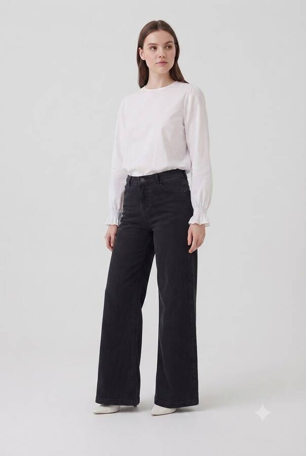 1152- Denim Bol paça Pantolon Siyah