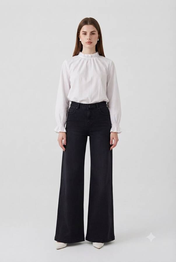 1152- Denim Bol paça Pantolon Siyah