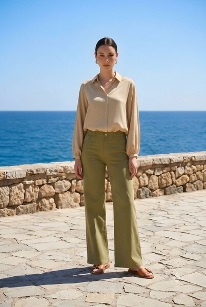 Neways - 1152-Denim Parça Boyalı Pantolon Haki