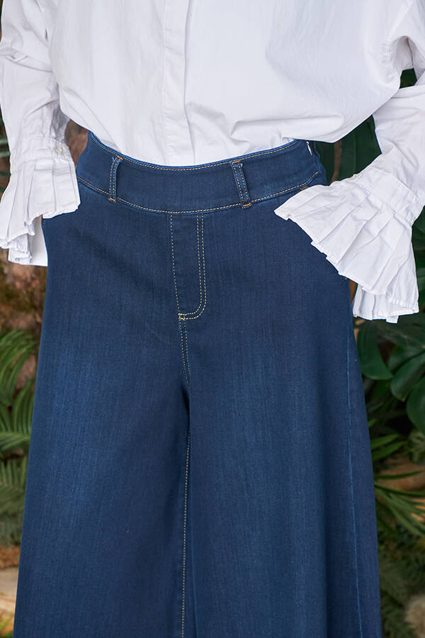 1153-Denim Bol Paça Pantolon Etek Lacivert