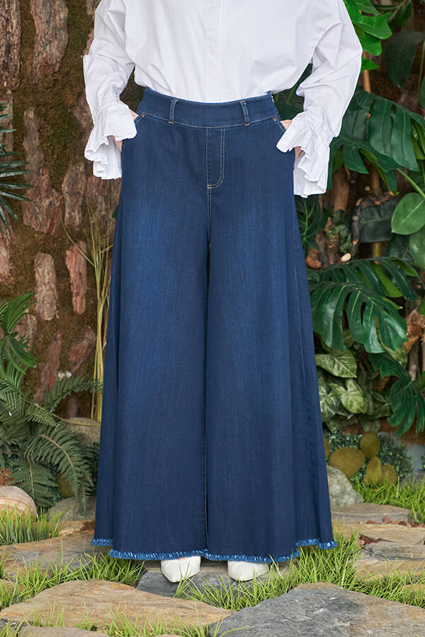 1153-Denim Bol Paça Pantolon Etek Lacivert