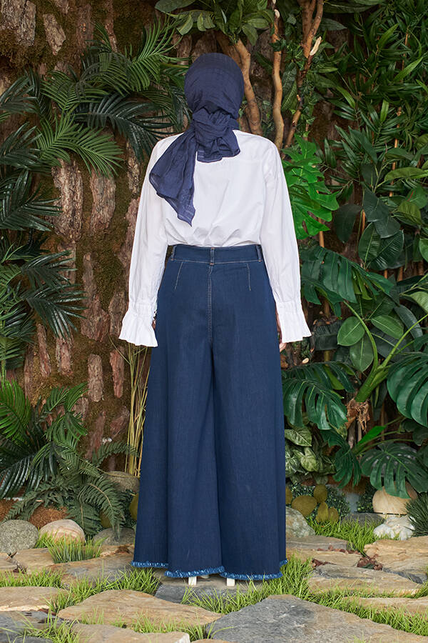 1153-Denim Bol Paça Pantolon Etek Lacivert