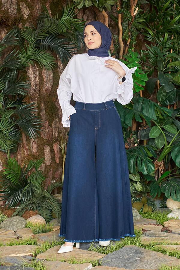 1153-Denim Bol Paça Pantolon Etek Lacivert