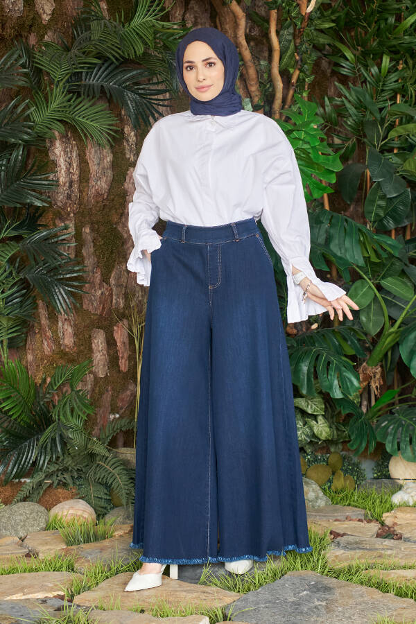 1153-Denim Bol Paça Pantolon Etek Lacivert