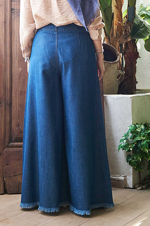 1153-Denim Püsküllü Pantolon Etek Koyu Mavi - 8