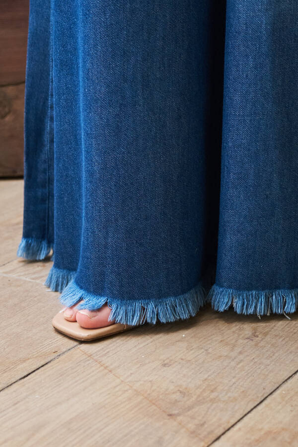 1153-Denim Püsküllü Pantolon Etek Koyu Mavi