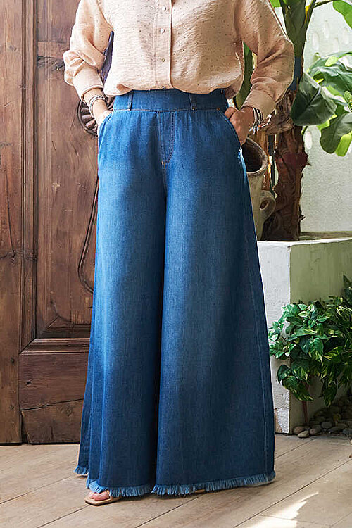 1153-Denim Püsküllü Pantolon Etek Koyu Mavi - 5