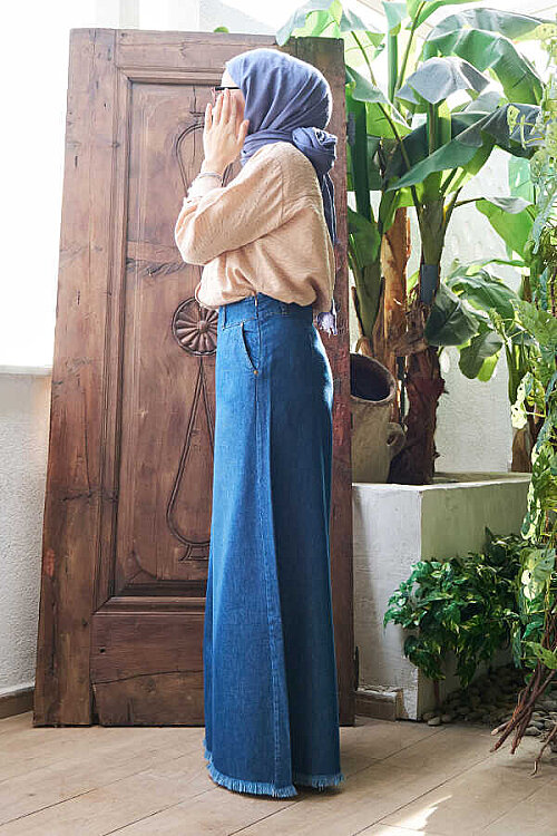 1153-Denim Püsküllü Pantolon Etek Koyu Mavi - 4