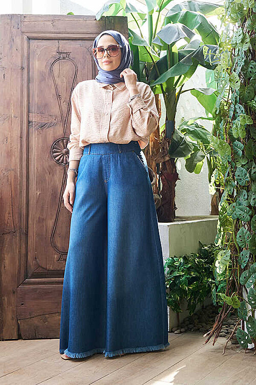 1153-Denim Püsküllü Pantolon Etek Koyu Mavi - 3