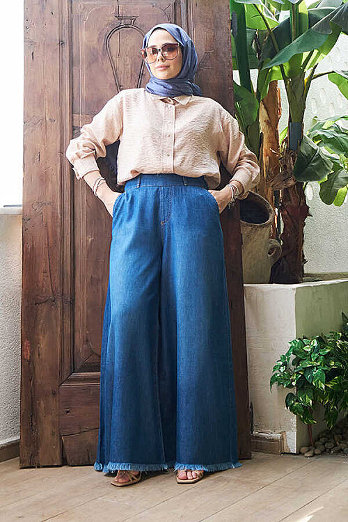 1153-Denim Püsküllü Pantolon Etek Koyu Mavi - 2