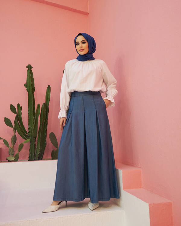 1154-Denim Tensel Pileli Pantolon Etek Koyu Mavi