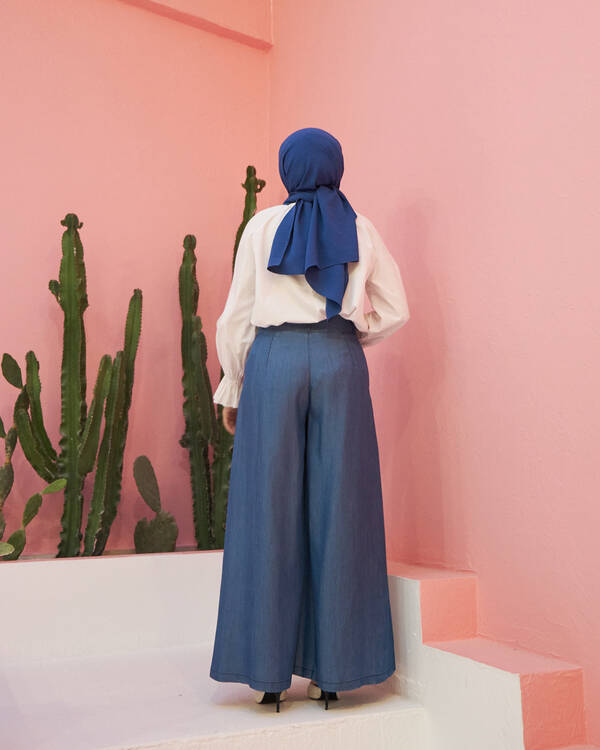1154-Denim Tensel Pileli Pantolon Etek Koyu Mavi
