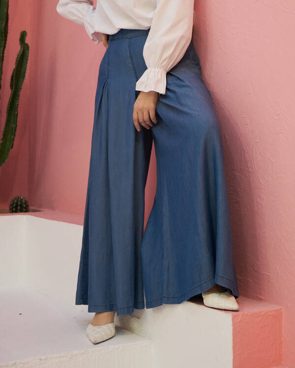 1154-Denim Tensel Pileli Pantolon Etek Koyu Mavi