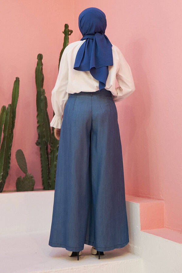 1154-Denim Tensel Pileli Pantolon Etek Koyu Mavi