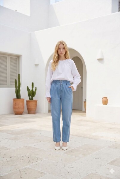 Neways - 1159-Denim Kemeri Lastikli Yüksek Bel Pantolon Mavi
