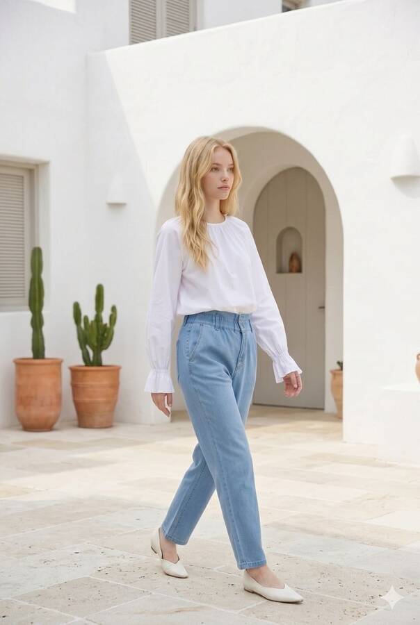 1159-Denim Kemeri Lastikli Yüksek Bel Pantolon Mavi