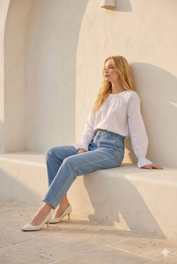 1159-Denim Kemeri Lastikli Yüksek Bel Pantolon Mavi
